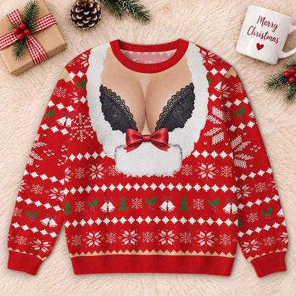 Personalized Naughty Christmas Ugly Sweatshirt Funny Fake Cleavage Design