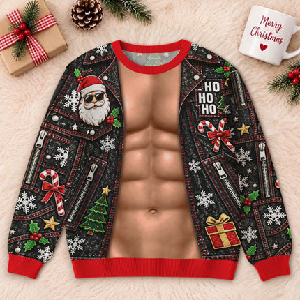 Funny Six Pack Christmas Ugly Sweatshirt Fake Abs Biker Santa Party Outfit