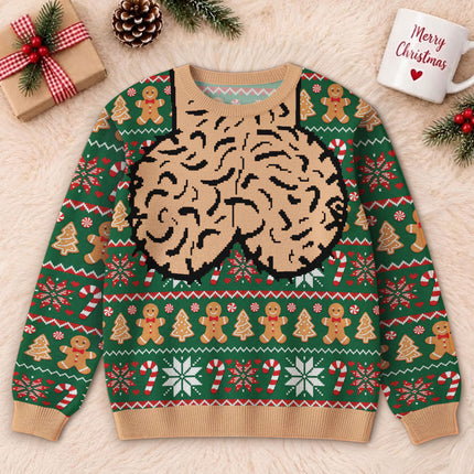 Funny Brain Christmas Ugly Sweatshirt Gingerbread Candy Cane Holiday Sweater
