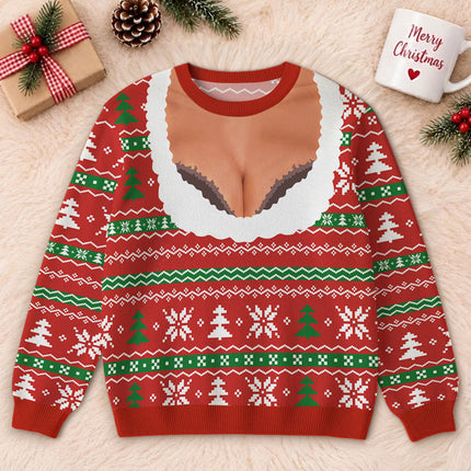 Funny Christmas Ugly Sweatshirt Faux Cleavage Holiday Print