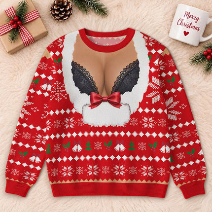 Personalized Naughty Christmas Ugly Sweatshirt Funny Fake Cleavage Design
