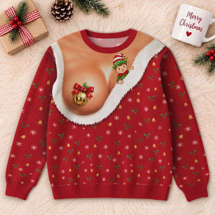 Funny Jingle Bell Ugly Sweatshirt Naughty Christmas Elf Chest Illusion