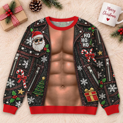 Funny Six Pack Christmas Ugly Sweatshirt Fake Abs Biker Santa Party Outfit