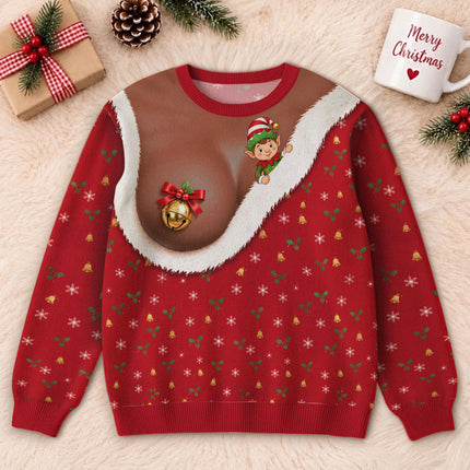 Funny Jingle Bell Ugly Sweatshirt Naughty Christmas Elf Chest Illusion