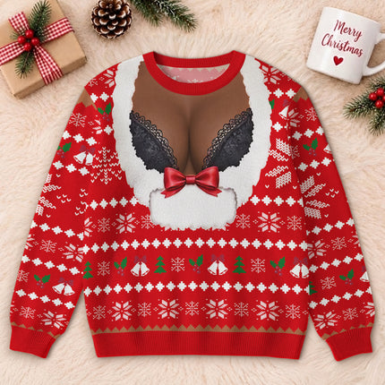 Personalized Naughty Christmas Ugly Sweatshirt Funny Fake Cleavage Design
