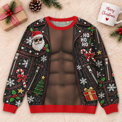 Funny Six Pack Christmas Ugly Sweatshirt Fake Abs Biker Santa Party Outfit