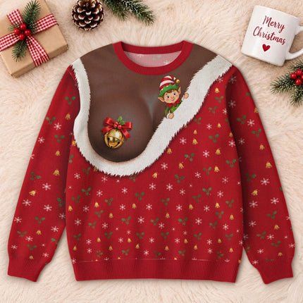 Funny Jingle Bell Ugly Sweatshirt Naughty Christmas Elf Chest Illusion