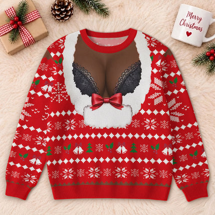 Personalized Naughty Christmas Ugly Sweatshirt Funny Fake Cleavage Design