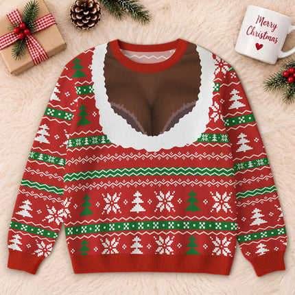 Funny Christmas Ugly Sweatshirt Faux Cleavage Holiday Print