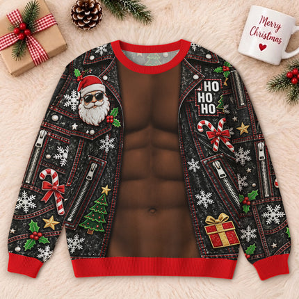 Funny Six Pack Christmas Ugly Sweatshirt Fake Abs Biker Santa Party Outfit