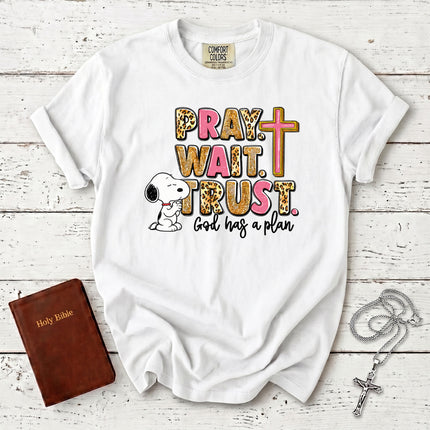 Comfort Colors Pray Wait Trust God Has a Plan Christian Cross Faith T-Shirt