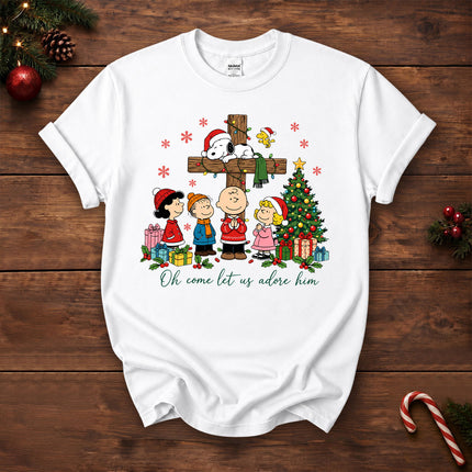 Oh Come Let Us Adore Him Christian Christmas Cross T-Shirt