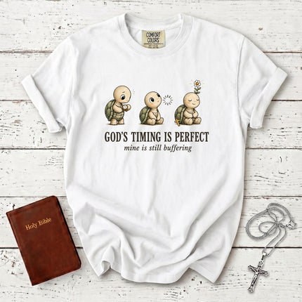 Comfort Colors God's Timing Is Perfect Mine Is Still Buffering Funny Christian T-Shirt