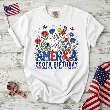 WHITE_01bd5d35-2adb-4400-94c6-d266e4d9b29d - AuraNations - Comfort Colors America 250th Birthday Floral Garden Dog T-Shirt - White / S - 250TH ANNIVERSARY, ALL, COMFORT COLORS, NO CUSTOM, PRODUCTS, SNPY, TSHIRT