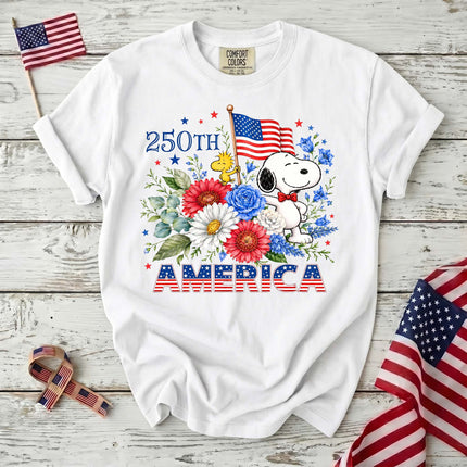 WHITE_05f4e551-956f-462b-afe6-18162a8efcf0 - AuraNations - Comfort Colors 250th America Patriotic Floral Bowtie Dog T-Shirt - White / S - 250TH ANNIVERSARY, ALL, COMFORT COLORS, NO CUSTOM, PRODUCTS, SNPY, TSHIRT