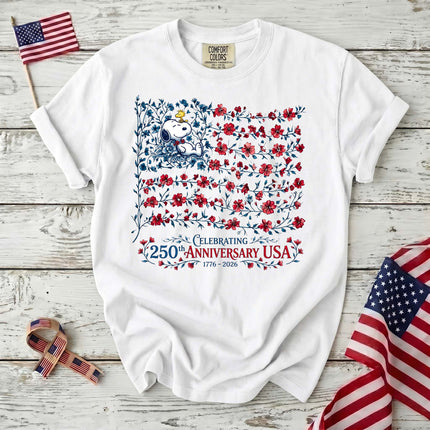 WHITE_0889b26f-5bf8-44b5-9ea6-56fa6f60d449 - AuraNations - Comfort Colors Celebrating 250th Anniversary USA Floral Vine Flag Dog T-Shirt - White / S - 250TH ANNIVERSARY, ALL, COMFORT COLORS, NO CUSTOM, PRODUCTS, SNPY, TSHIRT