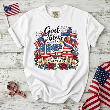 Comfort Colors God Bless The USA Celebrating 250 Years Cross Dog T-Shirt
