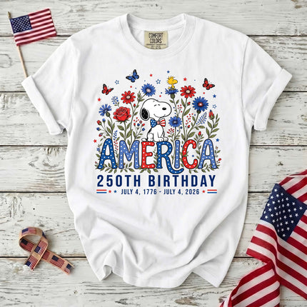 WHITE_122b92d1-229c-4234-866d-f87891502abd - AuraNations - Comfort Colors America 250th Birthday Bowtie Floral Dog T-Shirt - White / S - 250TH ANNIVERSARY, ALL, COMFORT COLORS, NO CUSTOM, PRODUCTS, SNPY, TSHIRT