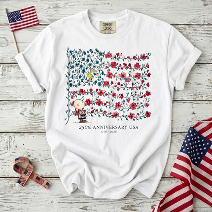 WHITE_212c8209-de80-4cd2-87b6-961455db71cb - AuraNations - Comfort Colors 250th Anniversary USA Floral Vine Flag Friends T-Shirt - White / S - 250TH ANNIVERSARY, ALL, COMFORT COLORS, NO CUSTOM, PRODUCTS, SNPY, TSHIRT