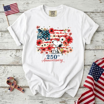 WHITE_2eaacd09-3d64-4086-840f-b97ee9f69146 - AuraNations - Comfort Colors 250th Anniversary USA Floral Flag Sitting Dog T-Shirt - White / S - 250TH ANNIVERSARY, ALL, COMFORT COLORS, NO CUSTOM, PRODUCTS, SNPY, TSHIRT