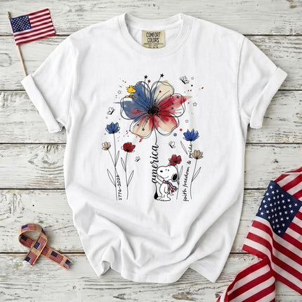 WHITE_4db2f962-9851-4734-94df-74c8c4a13a14 - AuraNations - Comfort Colors America Faith Freedom Pride Watercolor Flower Patriotic Dog T-Shirt - White / S - 250TH ANNIVERSARY, ALL, COMFORT COLORS, NO CUSTOM, PRODUCTS, SNPY, TSHIRT