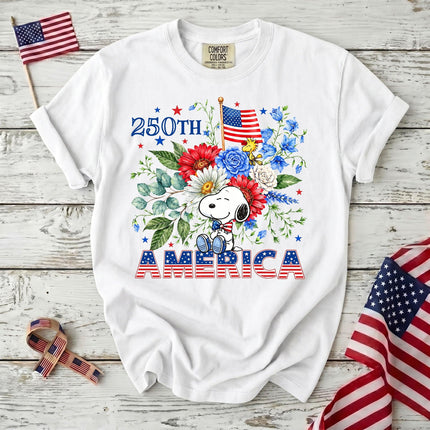 WHITE_5372be54-ad52-4301-ba40-82bcae3f0bdd - AuraNations - Comfort Colors 250th America Patriotic Sitting Floral Dog T-Shirt - White / S - 250TH ANNIVERSARY, ALL, COMFORT COLORS, NO CUSTOM, PRODUCTS, SNPY, TSHIRT