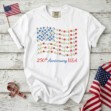 Comfort Colors 250th Anniversary USA Floral Vine Flag Dog And Bird T-Shirt