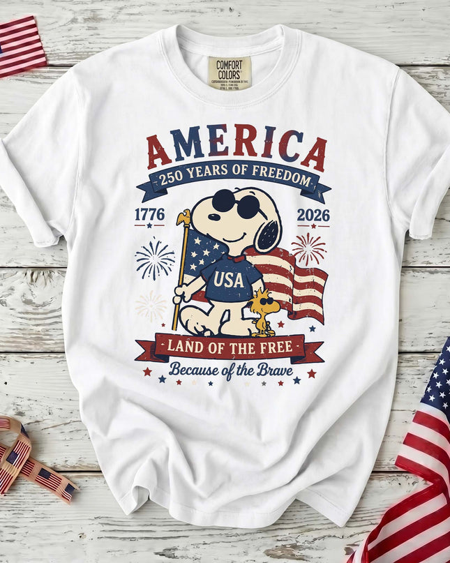 WHITE_9f5a4356-c099-486d-bcf3-27e712f18874 - AuraNations - Comfort Colors 250th Anniversary USA Land Of The Free T-Shirt - White / S - 250TH ANNIVERSARY, ALL, COMFORT COLORS, NO CUSTOM, PRODUCTS, SNPY, TSHIRT