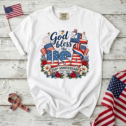 WHITE_a96db127-69fa-4f67-b5ec-f442cfc5f536 - AuraNations - Comfort Colors God Bless The USA 250th Anniversary Cross Dog T-Shirt - White / S - 250TH ANNIVERSARY, ALL, COMFORT COLORS, NO CUSTOM, PRODUCTS, SNPY, TSHIRT