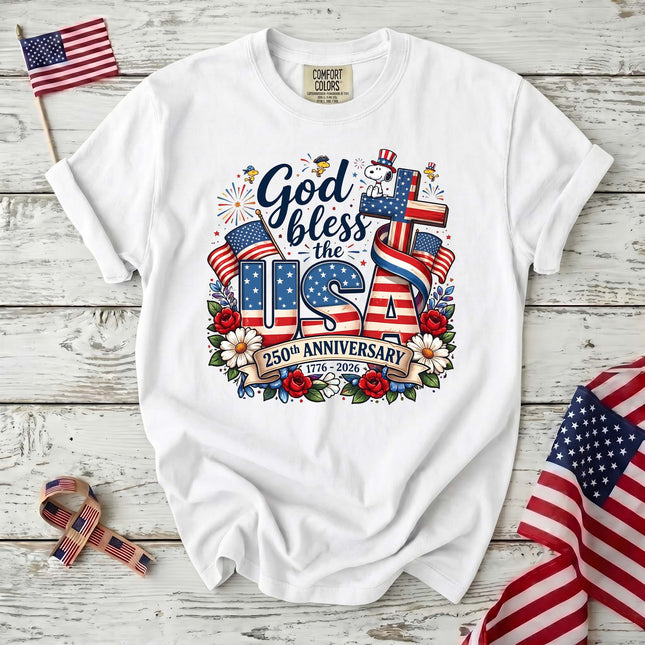 Comfort Colors God Bless The USA 250th Anniversary Cross Dog T-Shirt