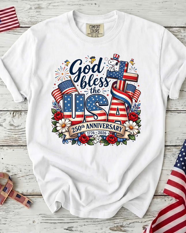 WHITE_a96db127-69fa-4f67-b5ec-f442cfc5f536 - AuraNations - Comfort Colors God Bless The USA 250th Anniversary Cross Dog T-Shirt - White / S - 250TH ANNIVERSARY, ALL, COMFORT COLORS, NO CUSTOM, PRODUCTS, SNPY, TSHIRT