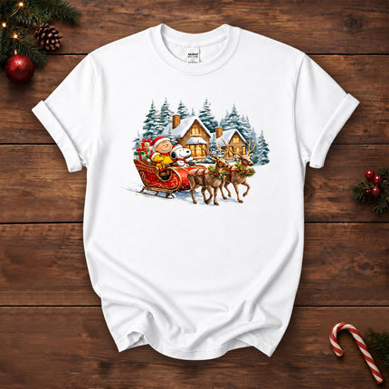Christmas Reindeer Sleigh Ride Snowy Village T-Shirt