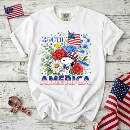 WHITE_b419bec1-4370-44e7-bec9-899490370c24 - AuraNations - Comfort Colors 250th America Patriotic Top Hat Floral Dog T-Shirt - White / S - 250TH ANNIVERSARY, ALL, COMFORT COLORS, NO CUSTOM, PRODUCTS, SNPY, TSHIRT