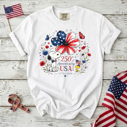 WHITE_c13b1482-27b9-4f20-9526-2357ce5e0f96 - AuraNations - Comfort Colors 250th Anniversary USA Flag Flower Patriotic Bird Dog T-Shirt - White / S - 250TH ANNIVERSARY, ALL, COMFORT COLORS, NO CUSTOM, PRODUCTS, SNPY, TSHIRT