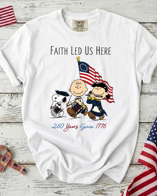 WHITE_c5935117-43f1-48d7-bd57-e01b1ce5c57b - AuraNations - Comfort Colors Faith Led Us Here 250 Years Since 1776 Patriotic Friends T-Shirt - White / S - 250TH ANNIVERSARY, ALL, COMFORT COLORS, NO CUSTOM, PRODUCTS, SNPY, TSHIRT