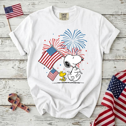 WHITE_cea3c198-6762-407f-82ba-ce151be57125 - AuraNations - Comfort Colors Fireworks Patriotic Marching Flag Dog T-Shirt - Blue Jean / S - 250TH ANNIVERSARY, ALL, COMFORT COLORS, NO CUSTOM, PRODUCTS, SNPY, TSHIRT
