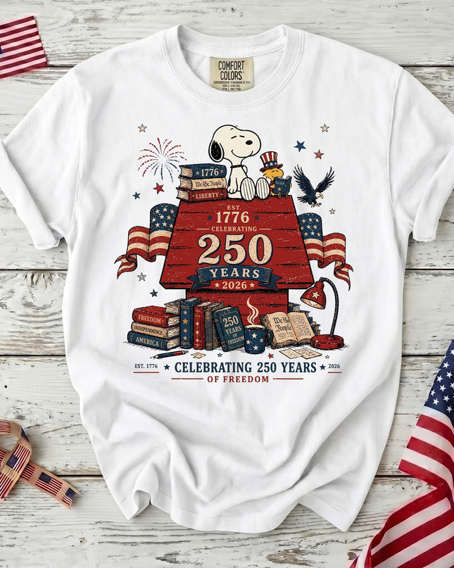 WHITE_d353f677-4283-4c5a-94da-954a23941322 - AuraNations - Comfort Colors Celebrating 250 Years Of Freedom Reading Dog T-Shirt - White / S - 250TH ANNIVERSARY, ALL, COMFORT COLORS, NO CUSTOM, PRODUCTS, SNPY, TSHIRT