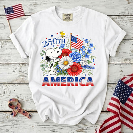 WHITE_d990233c-6890-478b-8a6e-028232898316 - AuraNations - Comfort Colors 250th America Patriotic Floral Bouquet Dog T-Shirt - White / S - 250TH ANNIVERSARY, ALL, COMFORT COLORS, NO CUSTOM, PRODUCTS, SNPY, TSHIRT