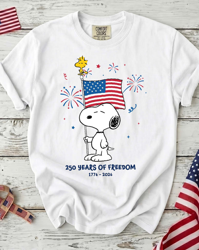 WHITE_e5d5e048-9257-47e9-b5b3-aa3ffdd1cfb8 - AuraNations - Comfort Colors 250 Years Of Freedom Fireworks Patriotic Dog T-Shirt - White / S - 250TH ANNIVERSARY, ALL, COMFORT COLORS, NO CUSTOM, PRODUCTS, SNPY, TSHIRT
