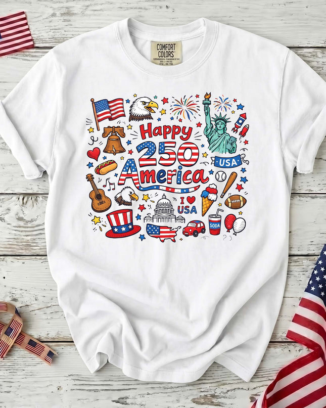 WHITE_f09d1d73-5daf-4416-ace7-6f266fbbe03c - AuraNations - Comfort Colors Happy 250 America Patriotic Icons Doodle T-Shirt - White / S - 250TH ANNIVERSARY, ALL, COMFORT COLORS, NO CUSTOM, PRODUCTS, SNPY, TSHIRT
