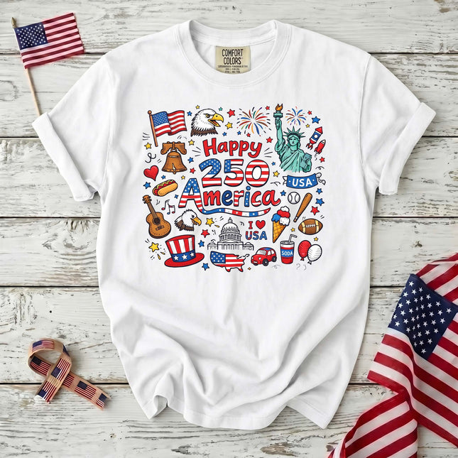 Comfort Colors Happy 250 America Patriotic Icons Doodle T-Shirt