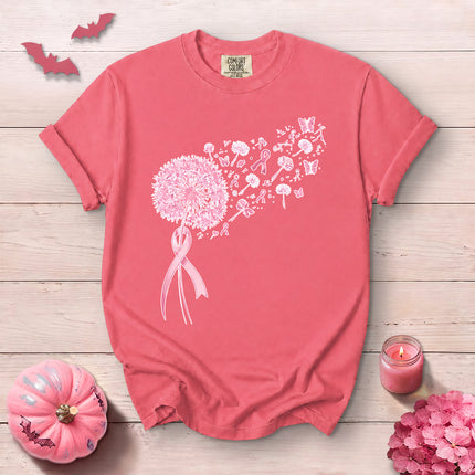 Comfort Colors Breast Cancer Awareness Pink Dandelion Ribbon Butterfly T-Shirt