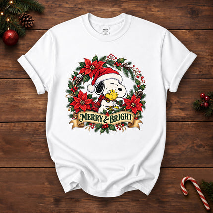 Merry and Bright Christmas Poinsettia Wreath T-Shirt