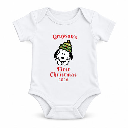 Personalized First Christmas 2026 Christmas Tree Hat Baby Bodysuit