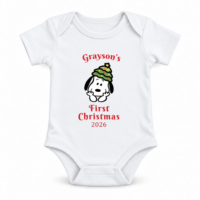Personalized First Christmas 2026 Christmas Tree Hat Baby Bodysuit