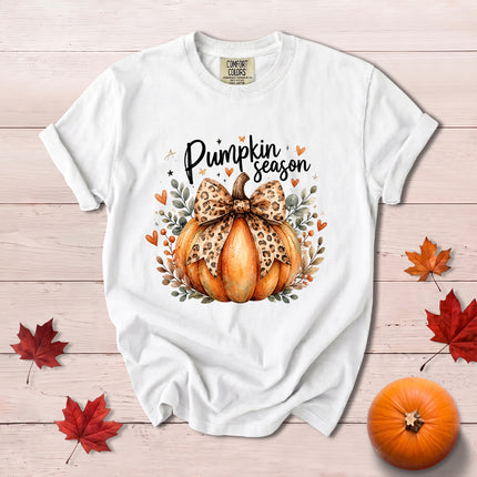 Comfort Colors Fall Autumn Pumpkin Season Leopard Bow Thanksgiving T-Shirt