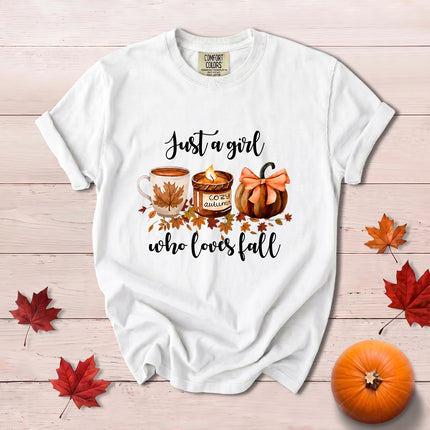 Comfort Colors Fall Autumn Just A Girl Who Loves Fall Pumpkin Coffee T-Shirt