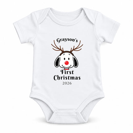 Personalized First Christmas 2026 Reindeer Name Baby Bodysuit