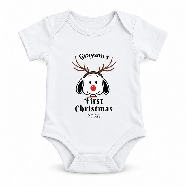 Personalized First Christmas 2026 Reindeer Name Baby Bodysuit