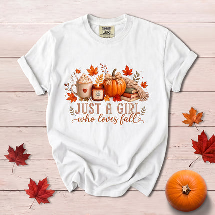 Comfort Colors Fall Autumn Just A Girl Who Loves Fall Pumpkin Coffee Cozy T-Shirt